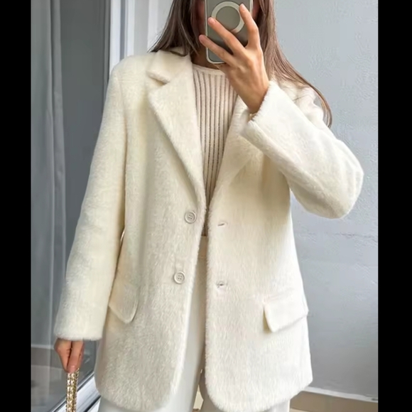 Coat Jacket White Loose Soft Short Plush Overcoat - Picture 2 of 6